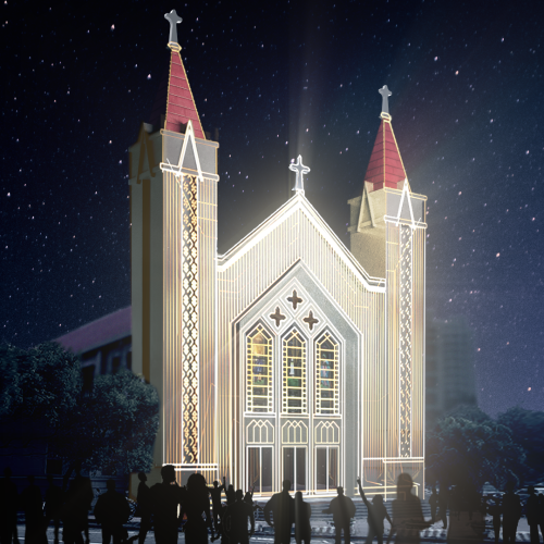 北大教堂光雕秀「拂曉之翼」以3D影像特效投影打造，伴隨磅礡音樂，場面如史詩般驚心動魄。