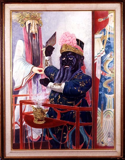 此作描繪城隍廟裡的謝范將軍（亦稱七爺八爺）神像，以膠彩的鮮豔設色將佔據畫面的主角之黑與白主色變得豐富。