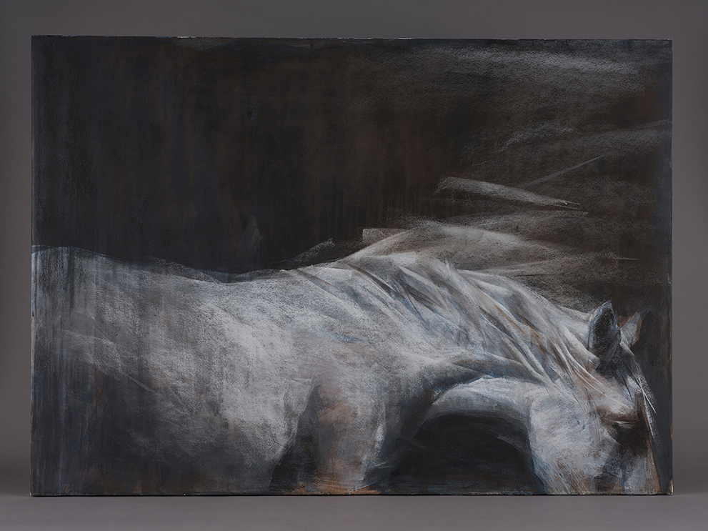 本幅作品以炭精、壓克力等複合媒材，描繪疾風吹動，白馬低頭之景。畫風寫實，完成於2018年。| 