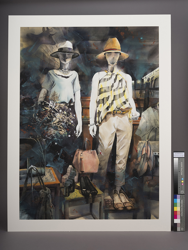 本件作品為紙本水彩一幅，描繪女用商店裡的假人模特兒以及商品陳列。該作榮獲2020年新竹美展竹塹獎。
